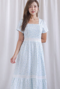 Summer Puffy Sleeves Lattice Pintuck Maxi Dress In Blue Floral