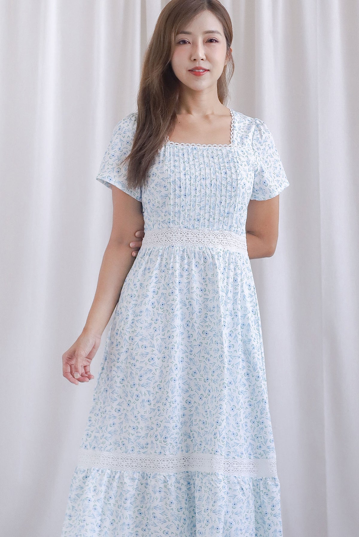 Summer Puffy Sleeves Lattice Pintuck Maxi Dress In Blue Floral
