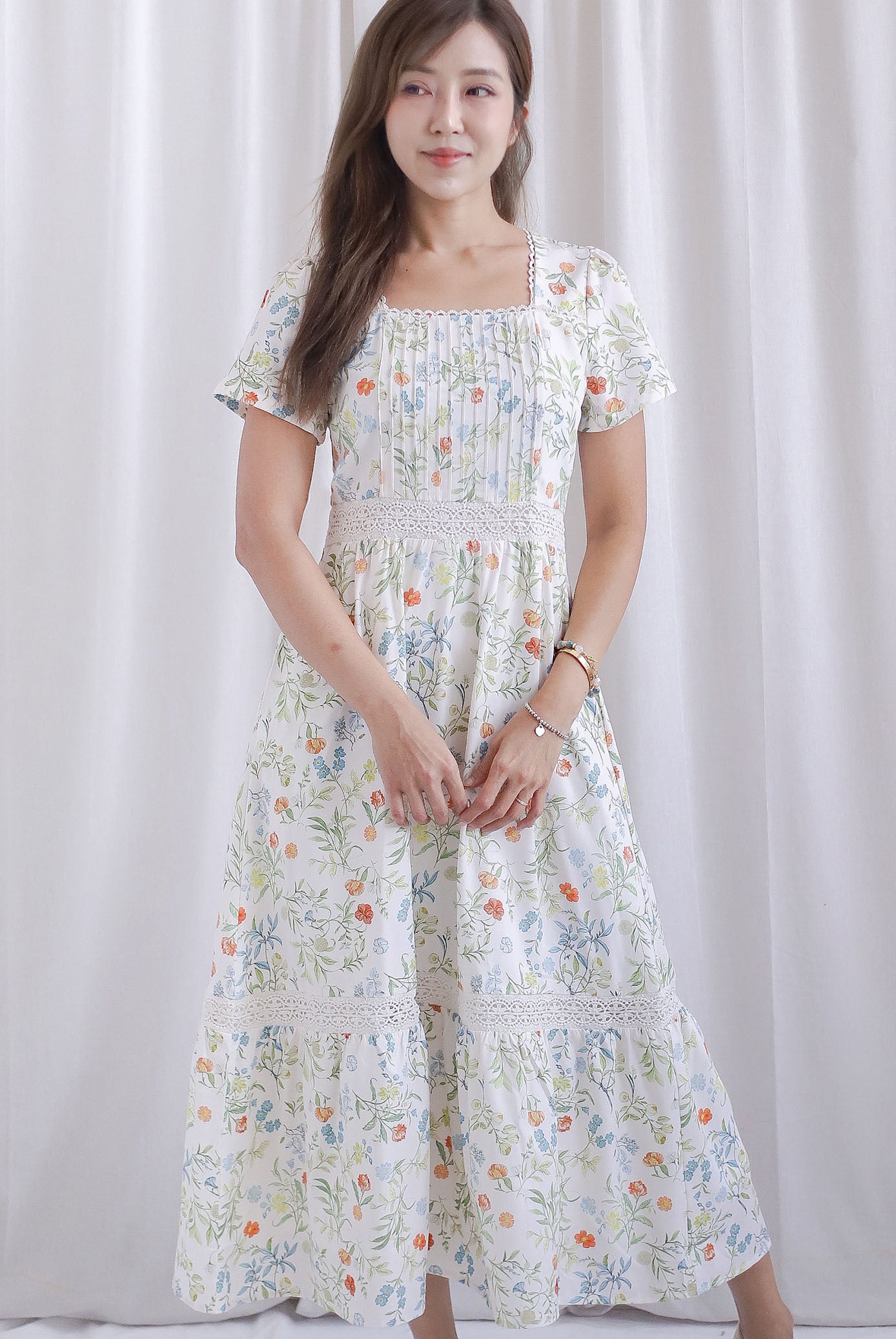 Summer Puffy Sleeves Lattice Pintuck Maxi Dress In Summer Cream