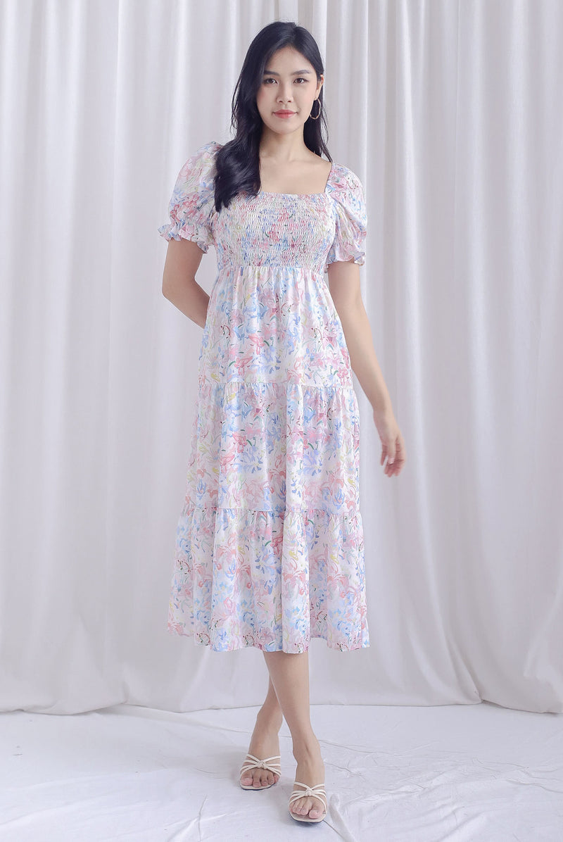 TDC Aurora Floral Puffy Sleeve Smocked Maxi Dress In Pastal