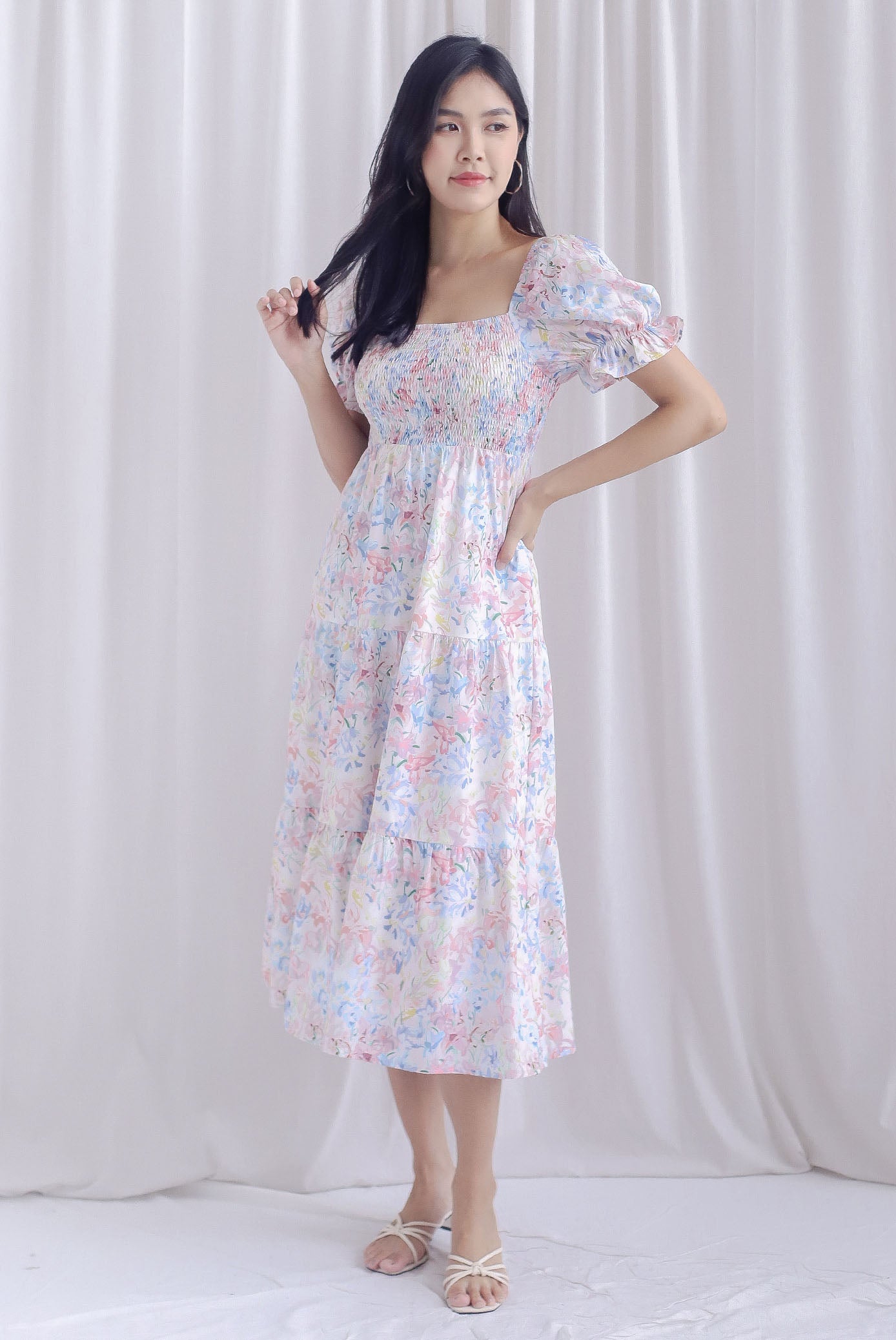 TDC Aurora Floral Puffy Sleeve Smocked Maxi Dress In Pastal