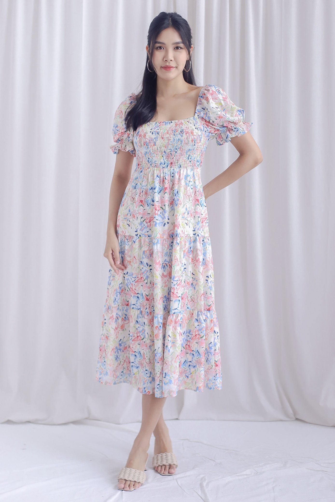 TDC Aurora Floral Puffy Sleeve Smocked Maxi Dress In Vibrant