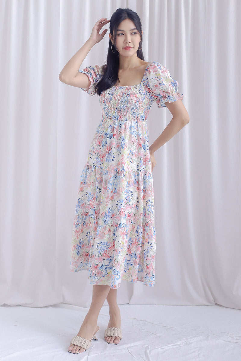 TDC Aurora Floral Puffy Sleeve Smocked Maxi Dress In Vibrant