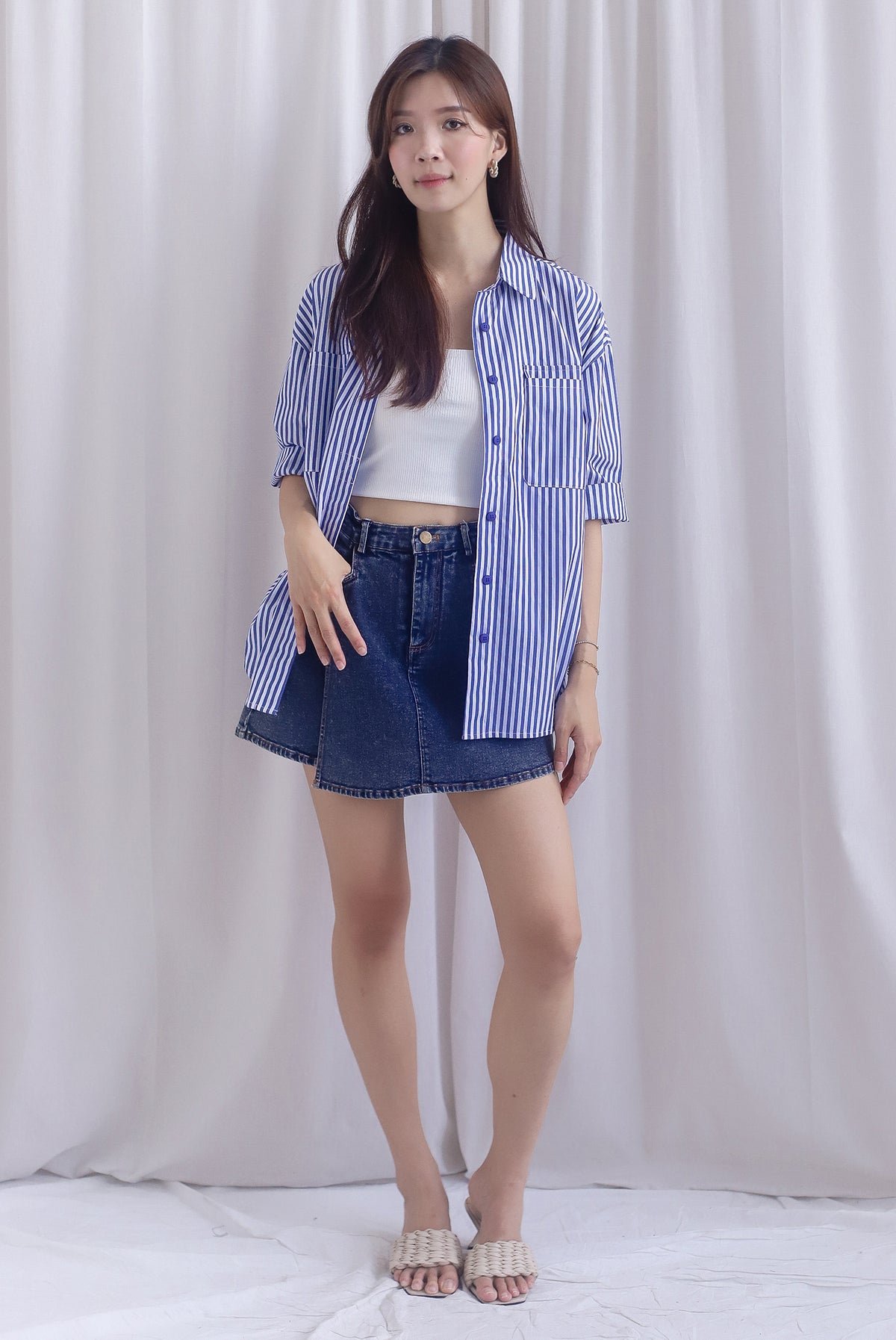 TDC Bailey Oversized Drawstring Shirt In Navy Stripes