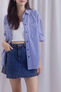 TDC Bailey Oversized Drawstring Shirt In Navy Stripes