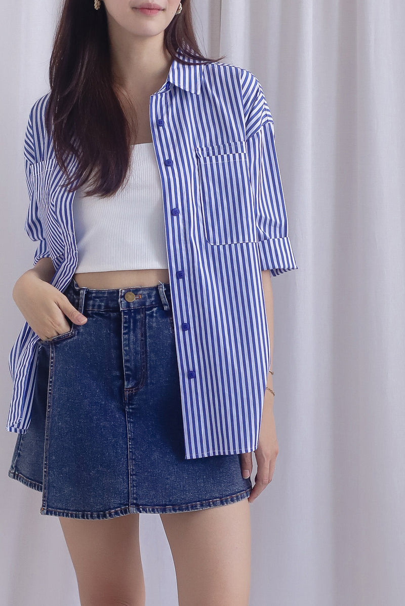 TDC Bailey Oversized Drawstring Shirt In Navy Stripes
