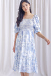 TDC Basha Tiered Puffy Sleeve Maxi Dress In Blue Porcelain
