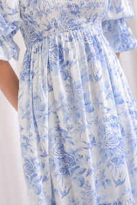 TDC Basha Tiered Puffy Sleeve Maxi Dress In Blue Porcelain