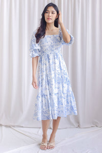 TDC Basha Tiered Puffy Sleeve Maxi Dress In Blue Porcelain