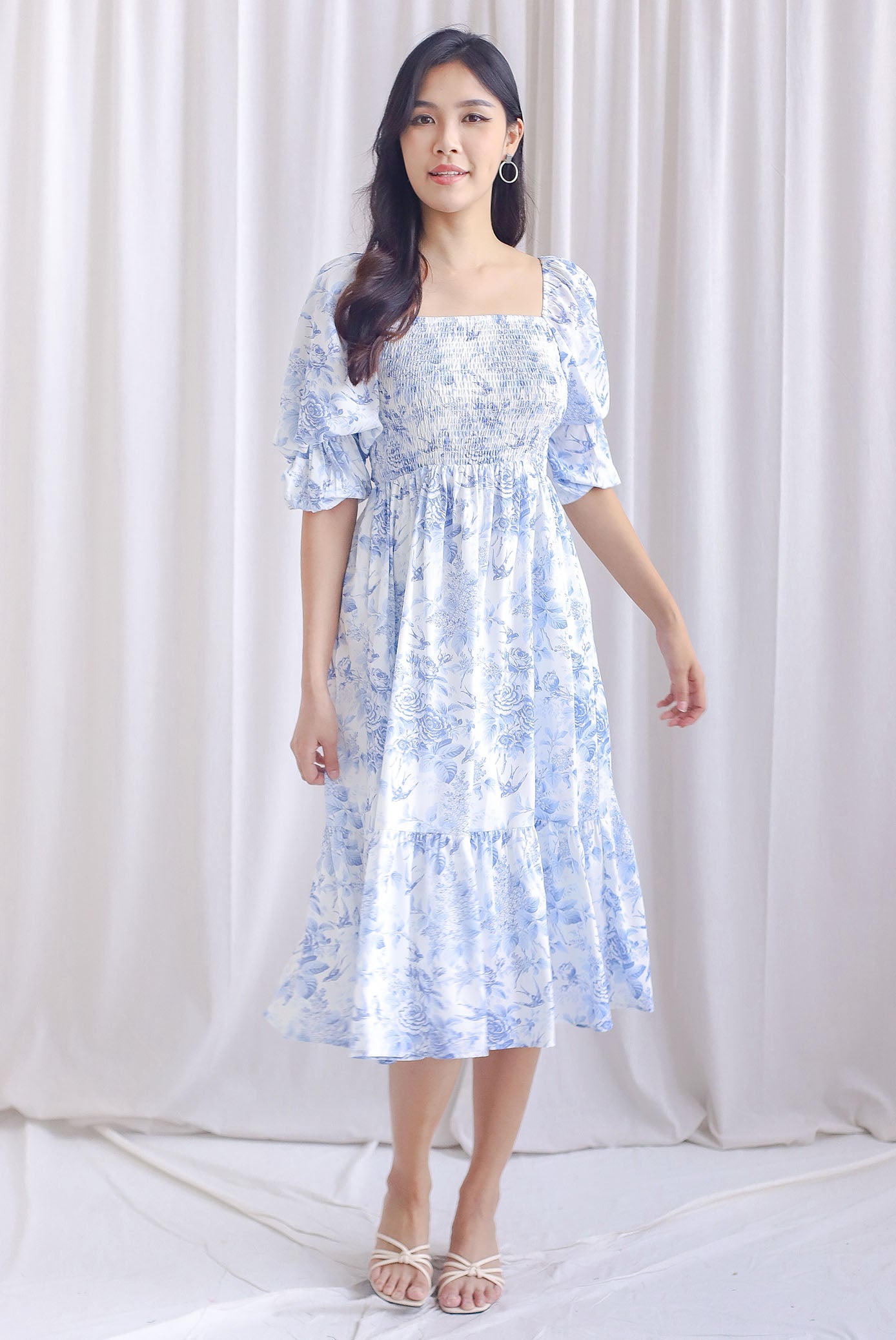 TDC Basha Tiered Puffy Sleeve Maxi Dress In Blue Porcelain