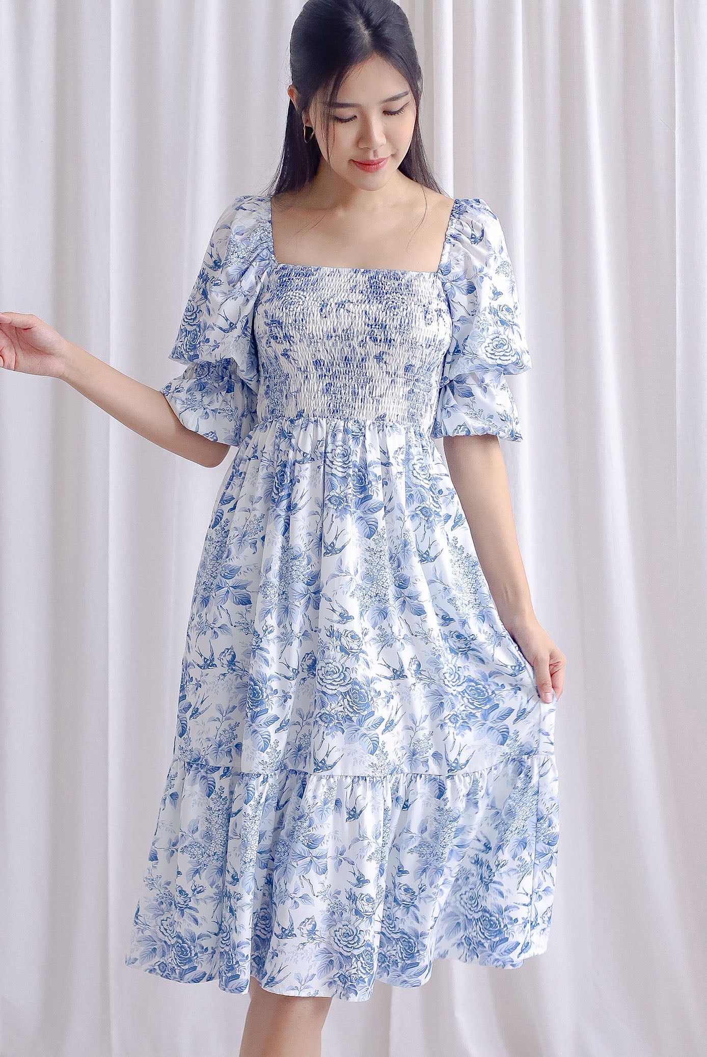 *Backorder* TDC Basha Tiered Puffy Sleeve Maxi Dress In Blue Porcelain -  Size XS