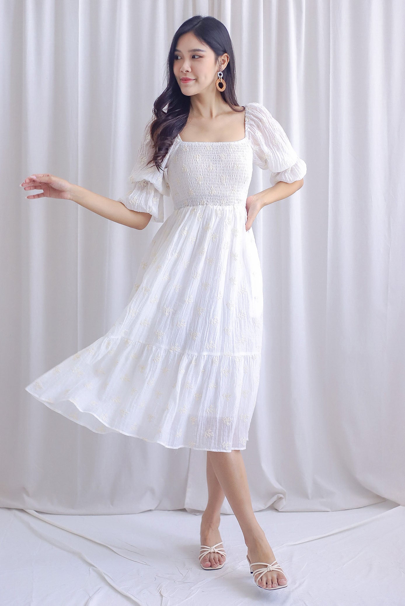TDC Basha Tiered Puffy Sleeve Maxi Dress In White Embro