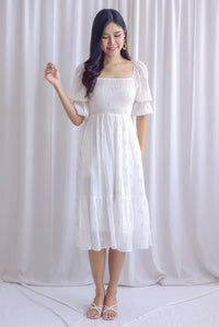 TDC Basha Tiered Puffy Sleeve Maxi Dress In White Embro