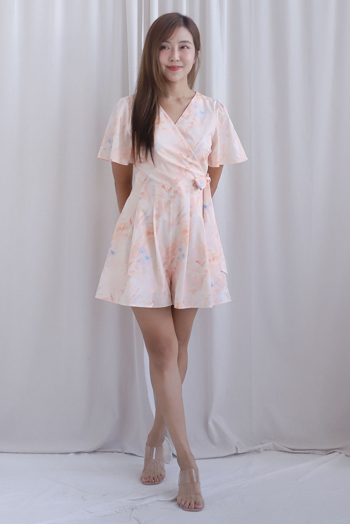TDC Blossom Sleeved Romper In Orange Pale