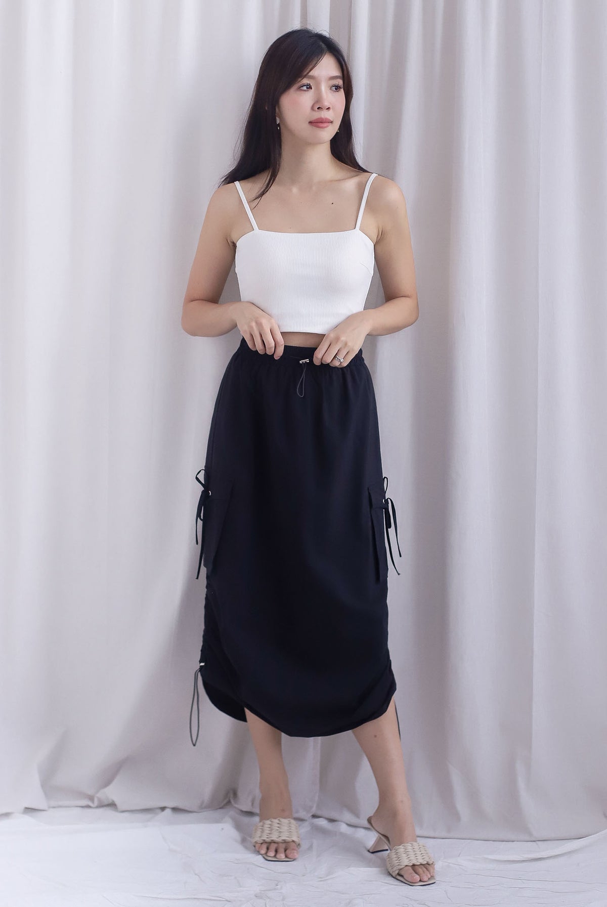 TDC Bridgette Ribbon Pockets Cargo Skirt In Black