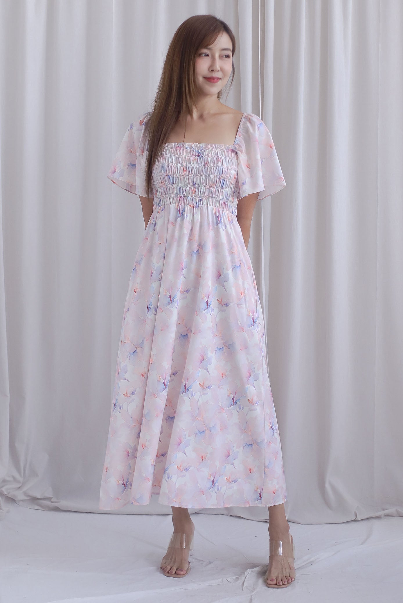 TDC Henrietta Multi Way Smocked Maxi Dress In Misty Rose