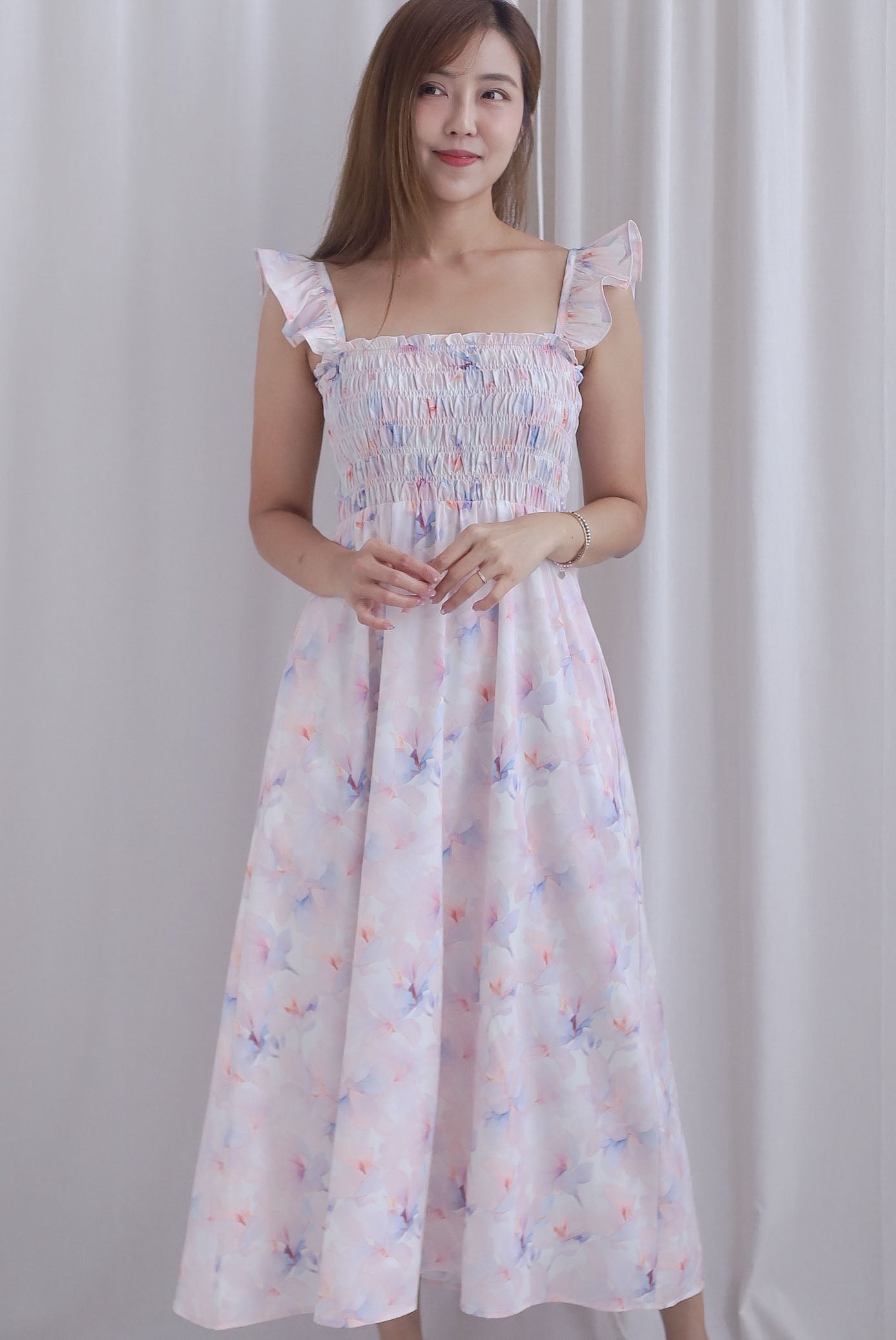 TDC Henrietta Multi Way Smocked Maxi Dress In Misty Rose