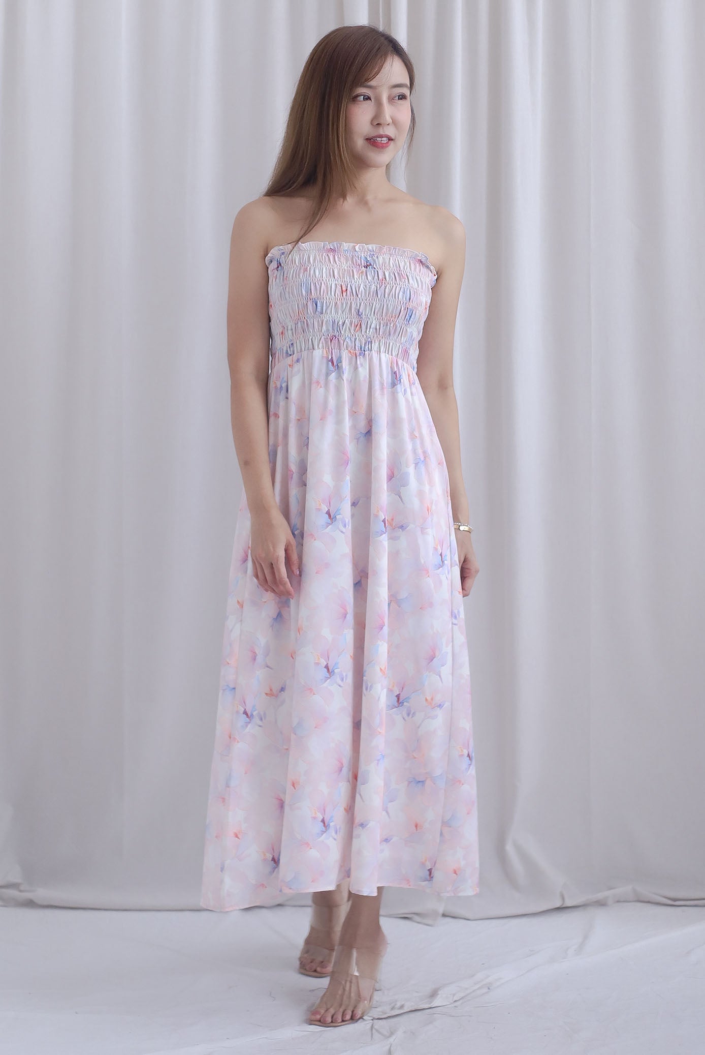 TDC Henrietta Multi Way Smocked Maxi Dress In Misty Rose