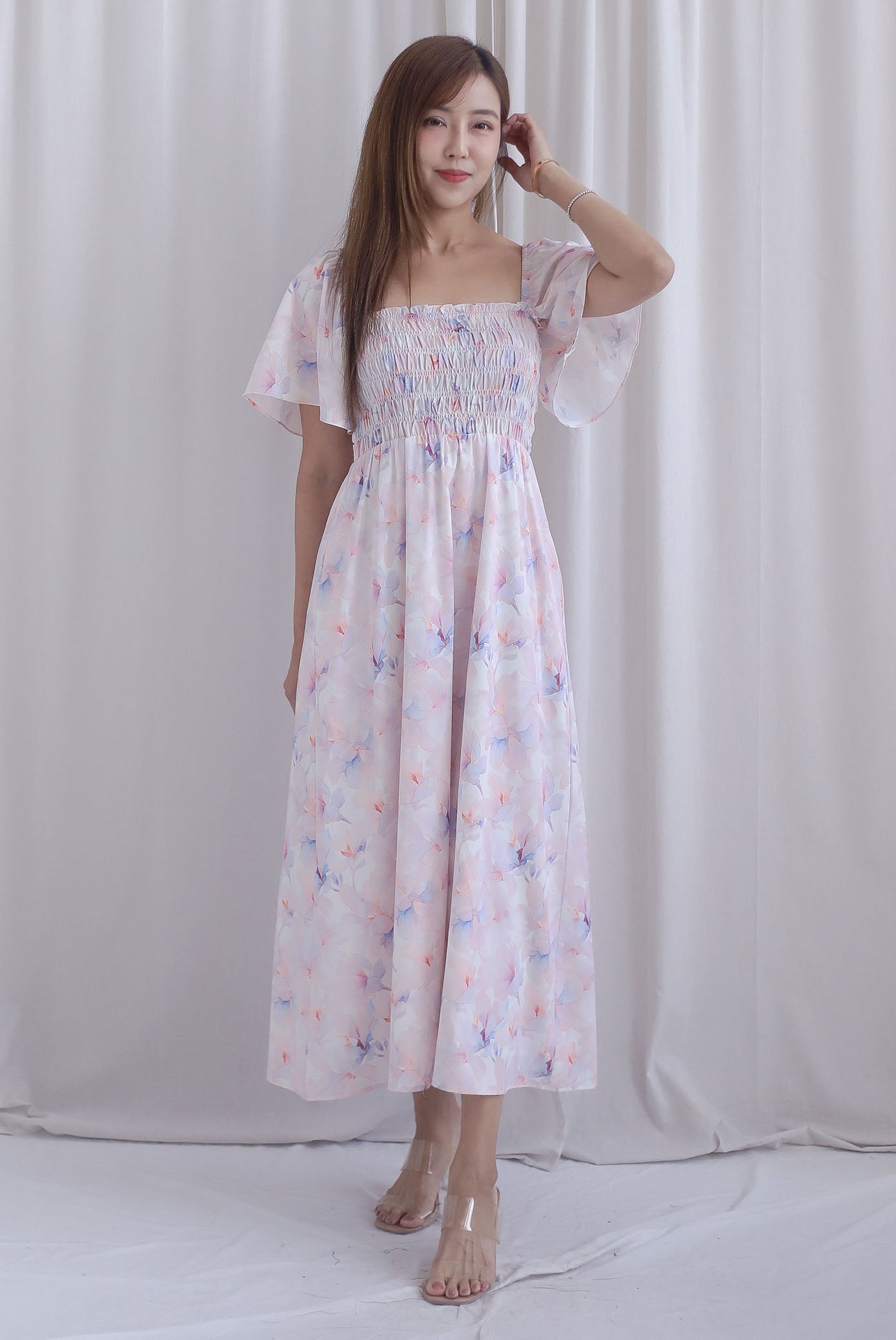 TDC Henrietta Multi Way Smocked Maxi Dress In Misty Rose