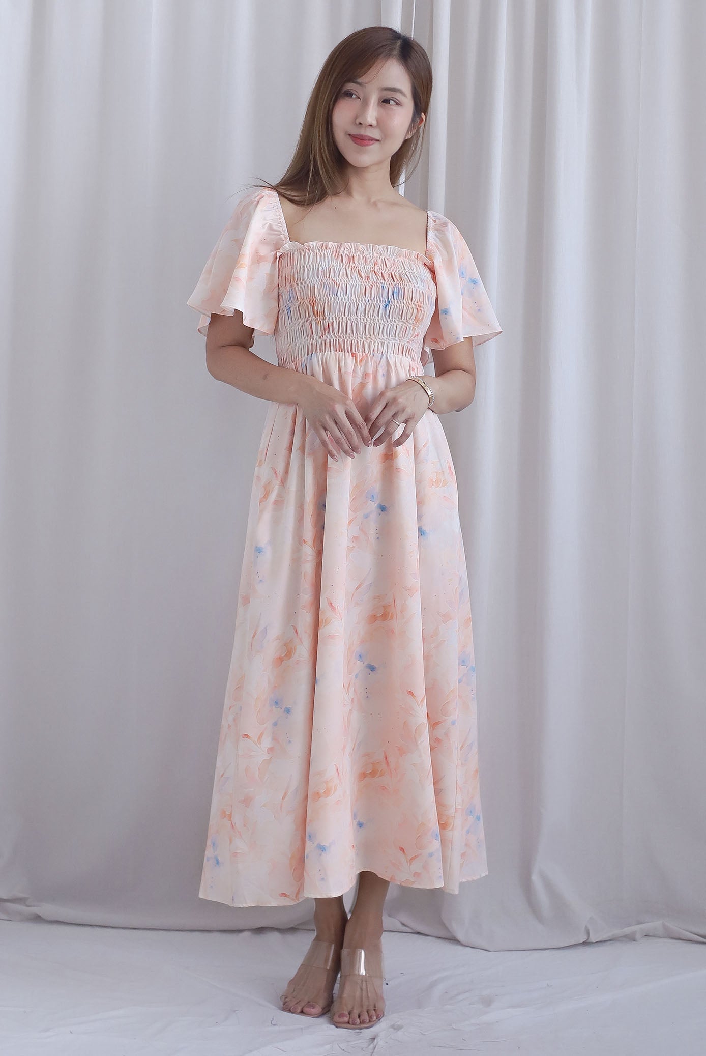 TDC Henrietta Multi Way Smocked Maxi Dress In Orange Pale