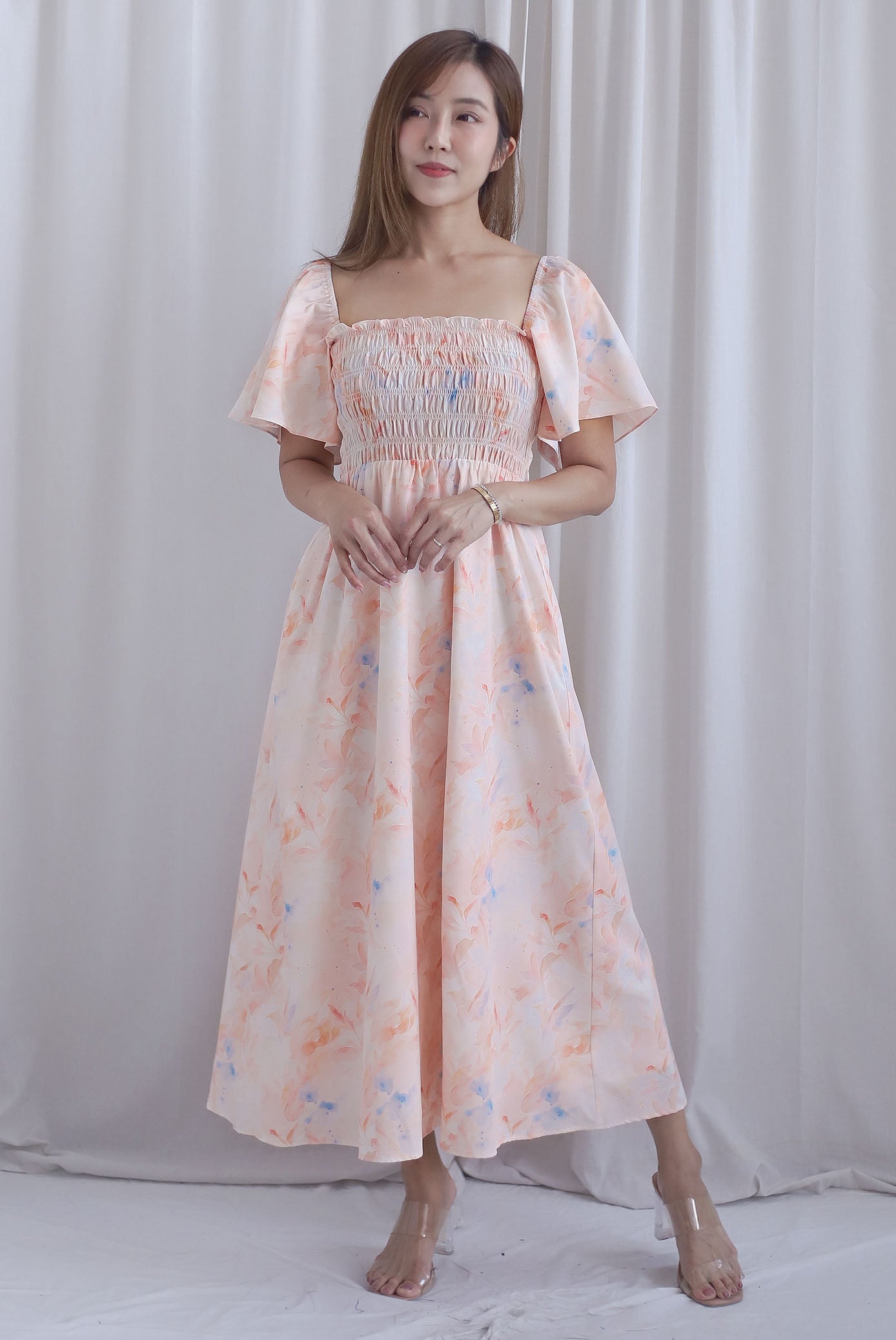 TDC Henrietta Multi Way Smocked Maxi Dress In Orange Pale