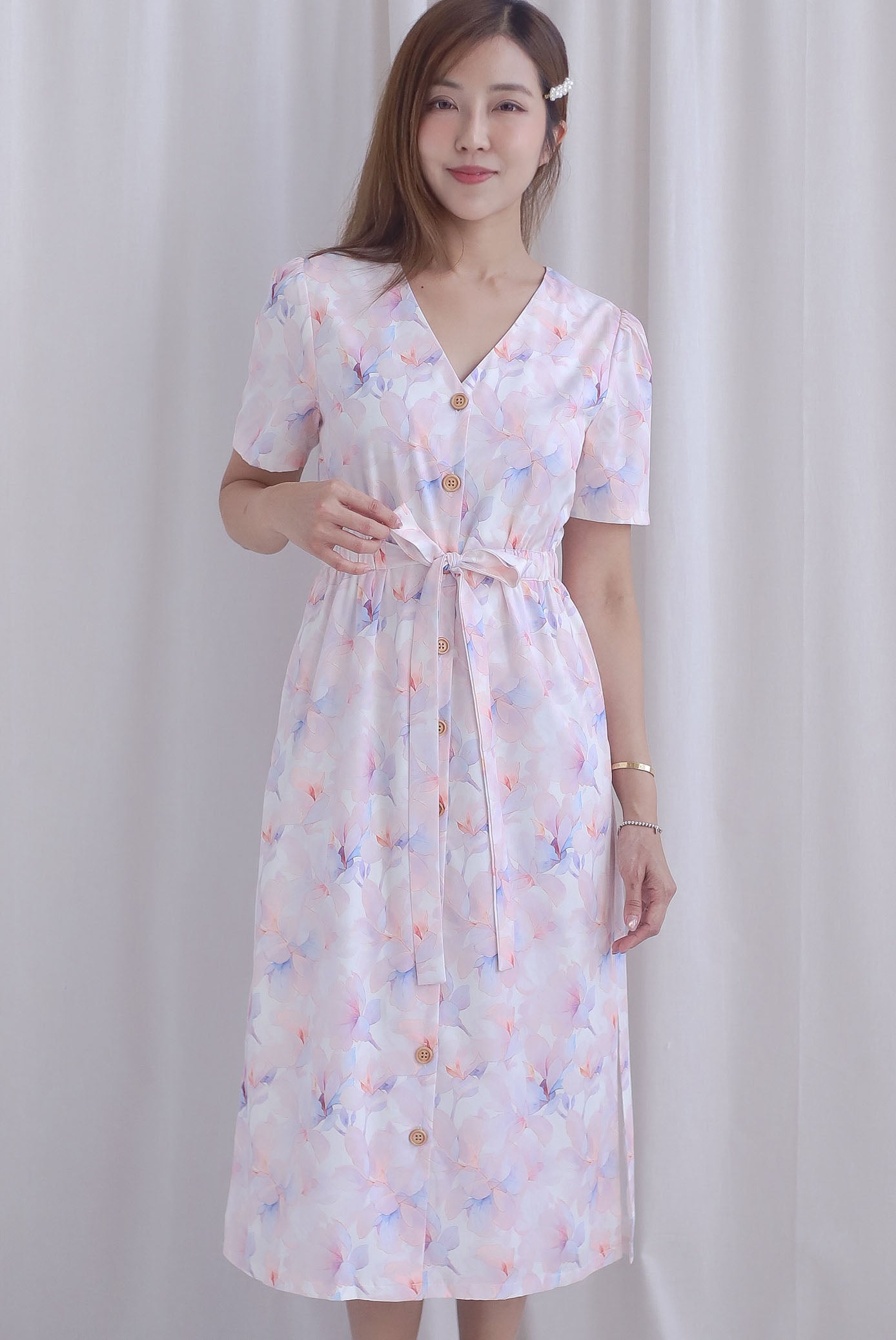 TDC Lovie Buttons Drawstring Dress In Misty Rose