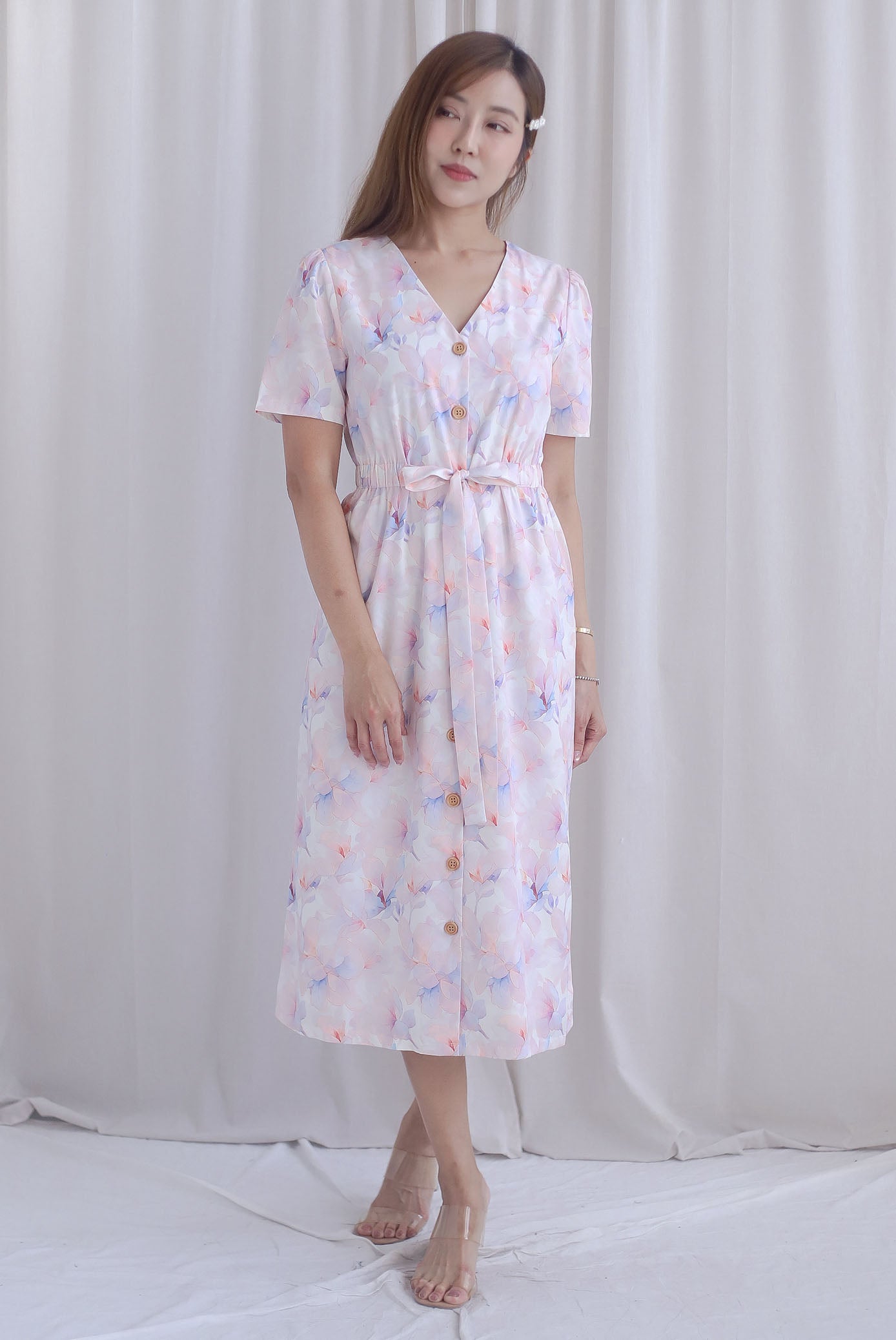 TDC Lovie Buttons Drawstring Dress In Misty Rose