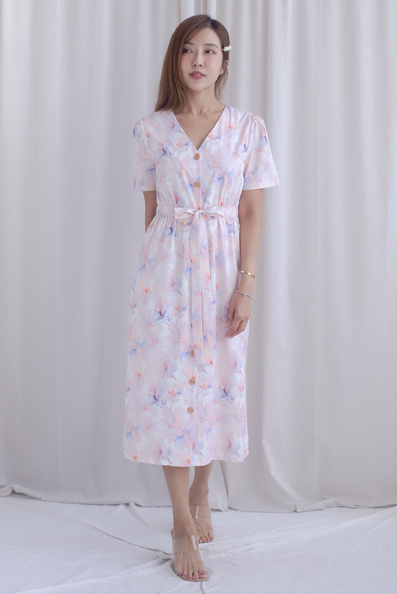 TDC Lovie Buttons Drawstring Dress In Misty Rose