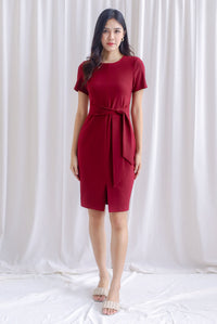 TDC Norella Sleeved Tie Waist Pencil Dress In Berry Red