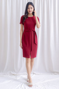 TDC Norella Sleeved Tie Waist Pencil Dress In Berry Red