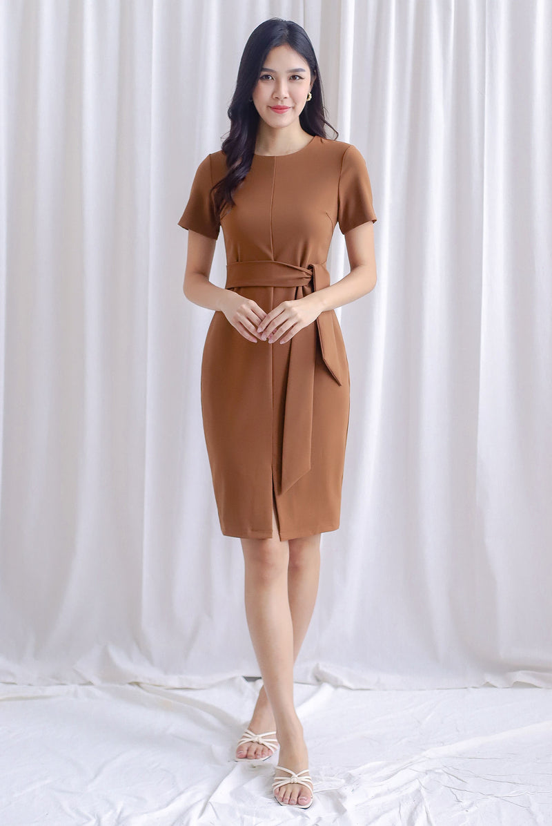 TDC Norella Sleeved Tie Waist Pencil Dress In Caramel The Design Closets TDC Norella Sleeved Tie Waist Pencil Dress In Caramel The Design Closets