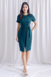 TDC Norella Sleeved Tie Waist Pencil Dress In Forest Green