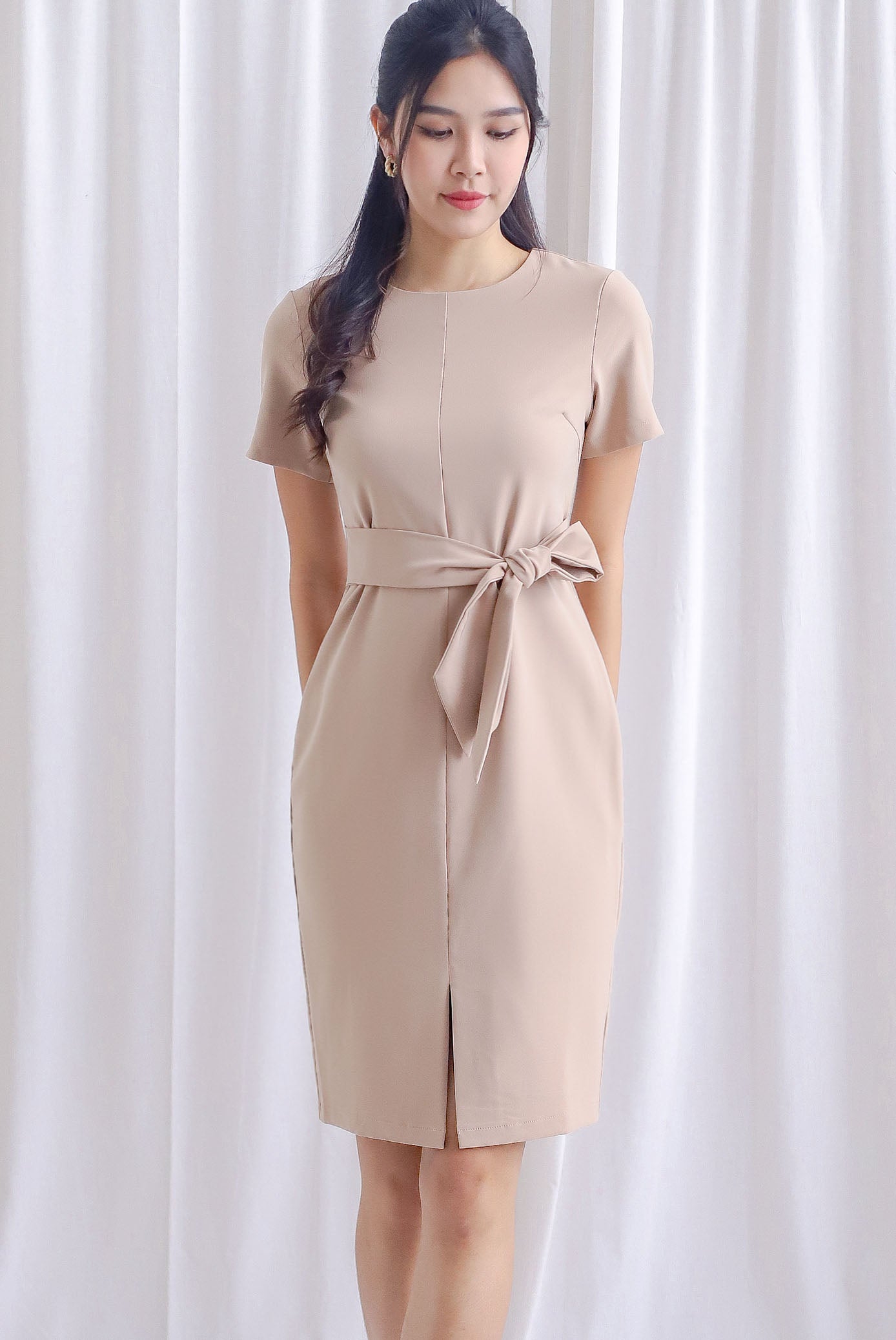 white christmas dresses Mikado Pique Pencil Gown with Halter Elbow Sleeves and Shoulder Applique main image 0