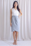 TDC Valorie Pleated Tulip Work Dress In White/Grey