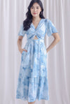 Teresa Flutter Sleeve Twist Knot Maxi Dress In Blue Watercolour