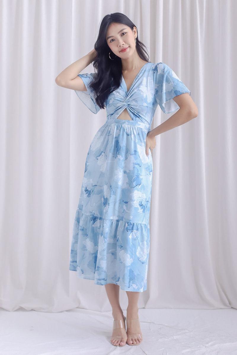 Teresa Flutter Sleeve Twist Knot Maxi Dress In Blue Watercolour