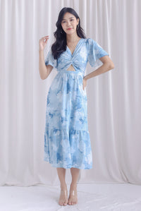 Teresa Flutter Sleeve Twist Knot Maxi Dress In Blue Watercolour