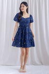 Thora Puffy Sleeve Babydoll Dress In Navy Floral