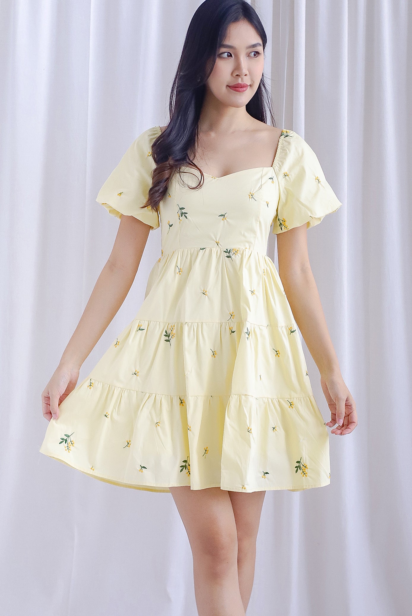 Thora Puffy Sleeve Babydoll Dress In Yellow Floral