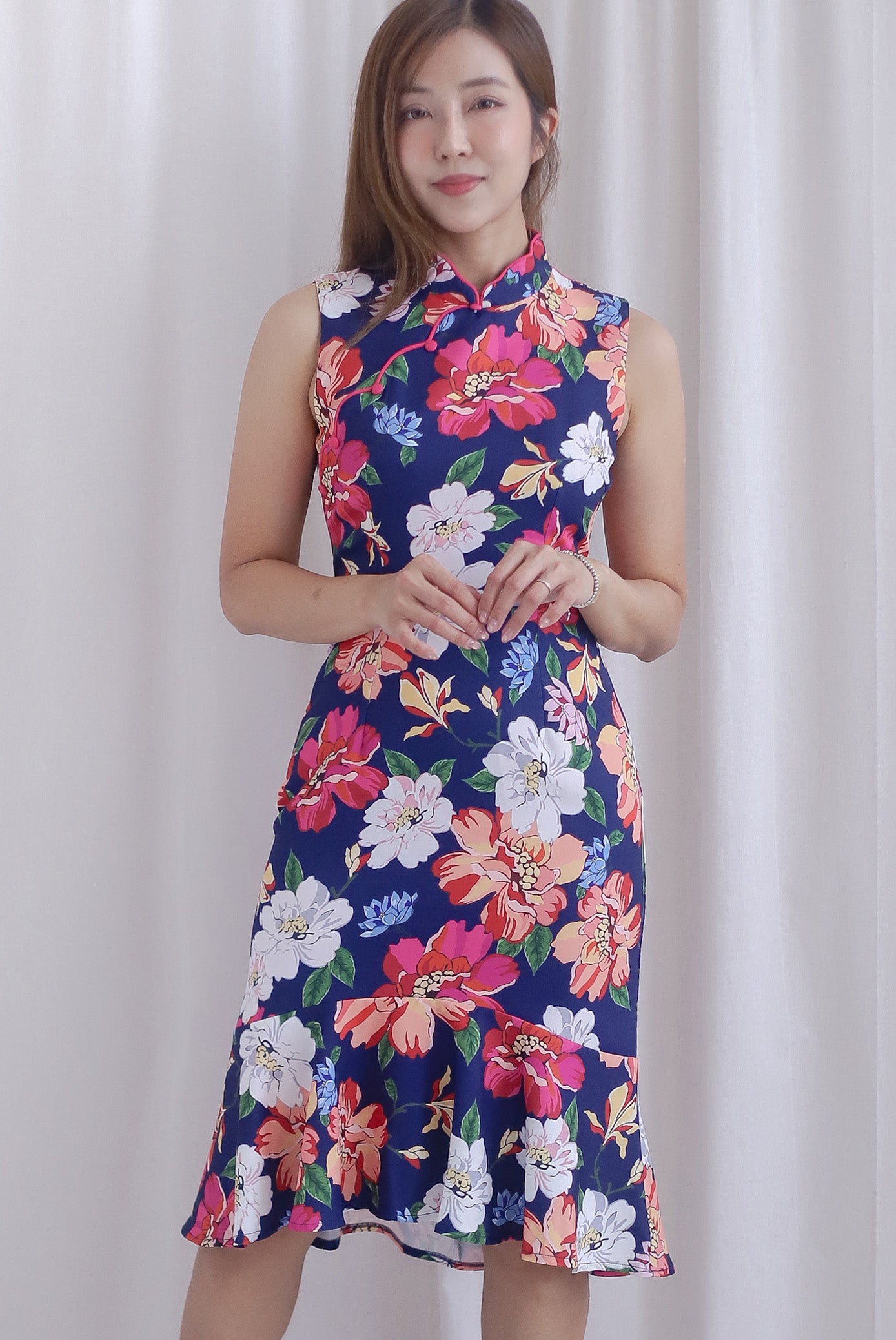 Tiara Floral Mermaid Cheong Sam Dress In Navy Blue