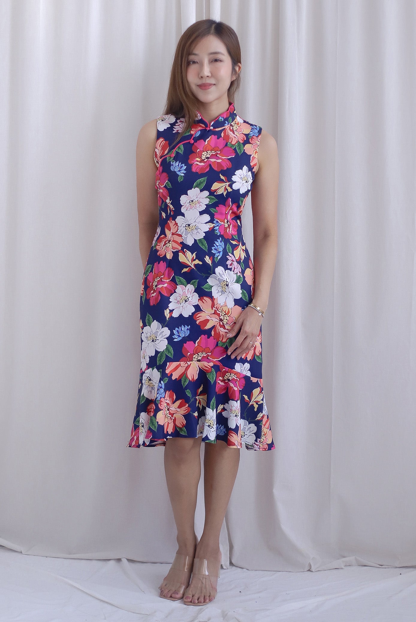 Tiara Floral Mermaid Cheong Sam Dress In Navy Blue