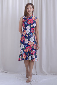Tiara Floral Mermaid Cheong Sam Dress In Navy Blue
