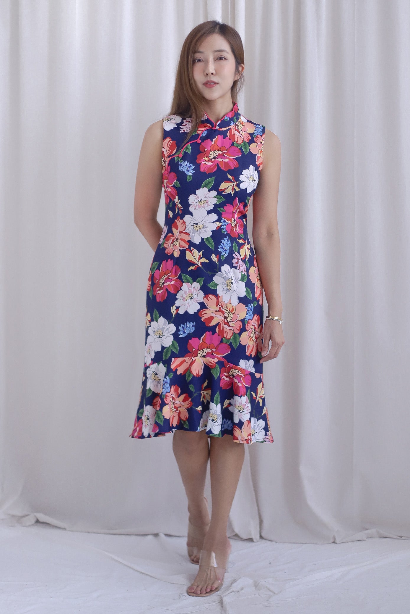 Tiara Floral Mermaid Cheong Sam Dress In Navy Blue