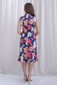 Tiara Floral Mermaid Cheong Sam Dress In Navy Blue