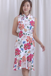 Tiara Floral Mermaid Cheong Sam Dress In White