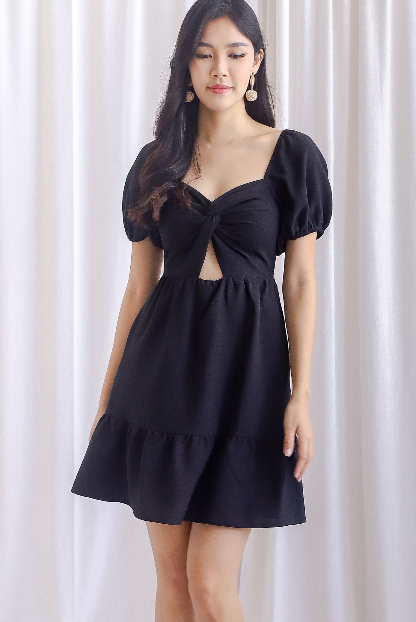 Tiffany Twist Knot Cut Out Romper Dress In Black