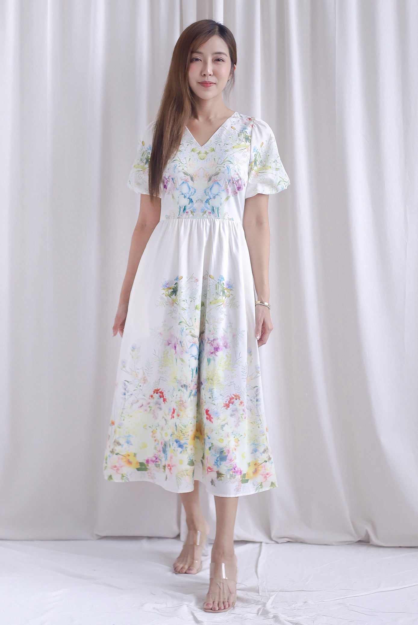 Tillie Placement Floral V Neck Midi Dress