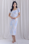 Tran Floral Puffy Sleeve Overlap Pencil Dress In Blue