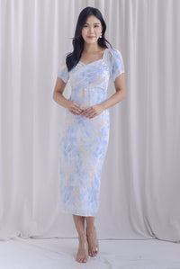 Tran Floral Puffy Sleeve Overlap Pencil Dress In Blue