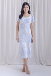 Tran Floral Puffy Sleeve Overlap Pencil Dress In Blue